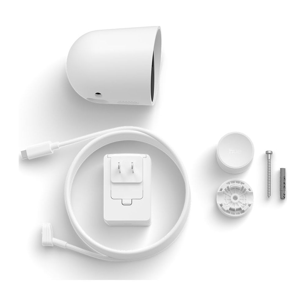Cámara de seguridad blanca, cable USB-C, adaptador de corriente, herrajes.
