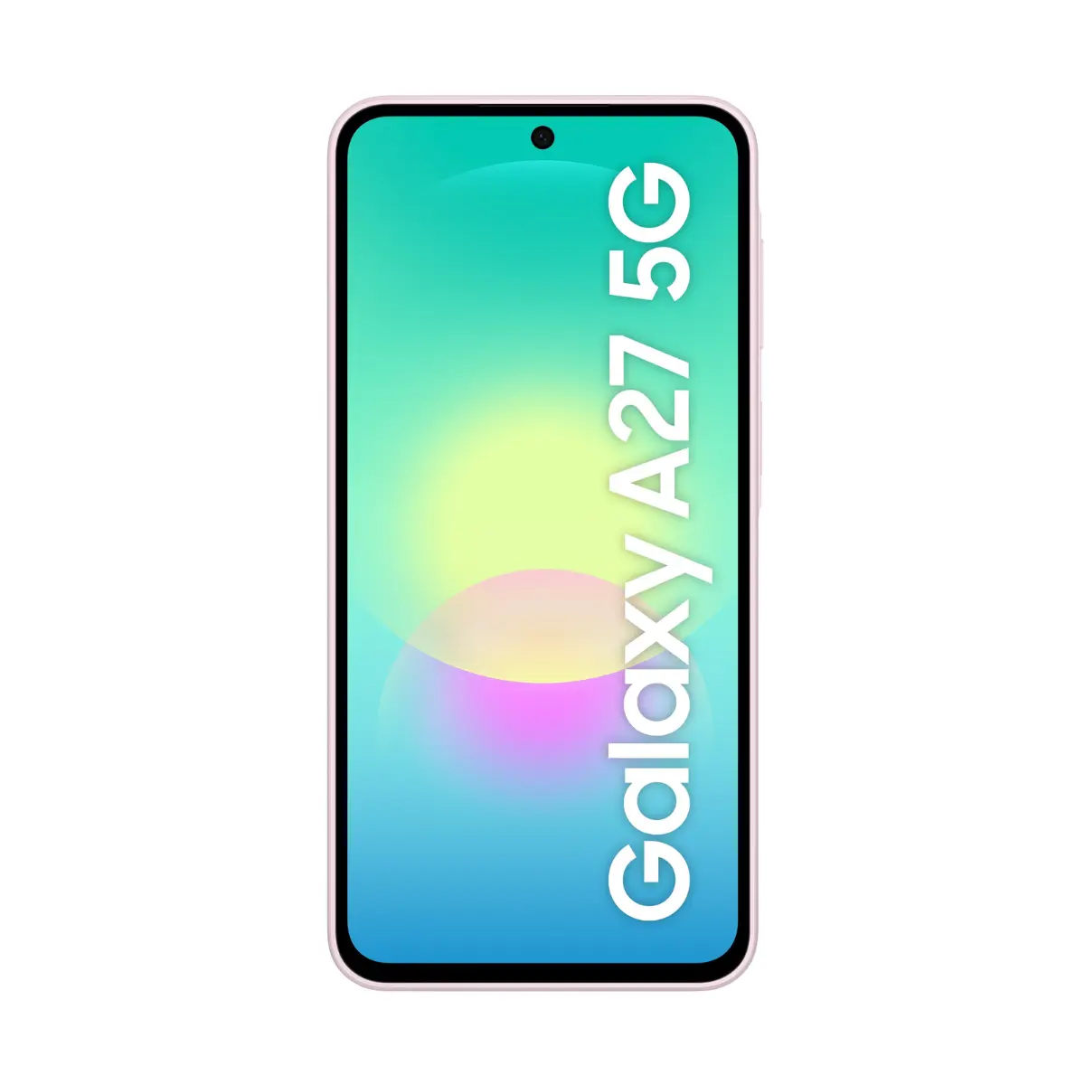 Ein rosa Smartphone mit Galaxy A27 5G Schriftzug auf dem Bildschirm.