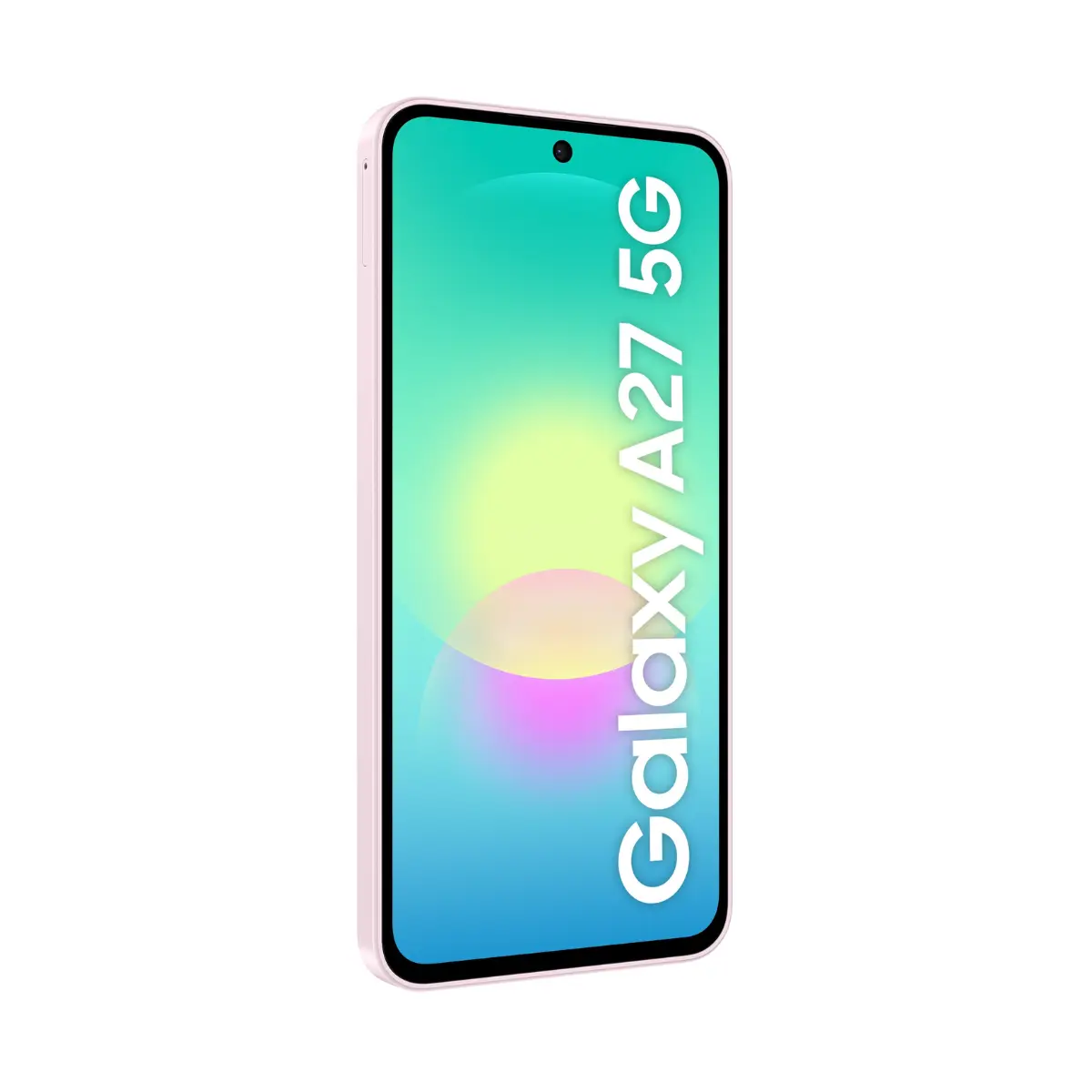 Ein rosa Smartphone mit Galaxy A27 5G Schriftzug auf dem Bildschirm.