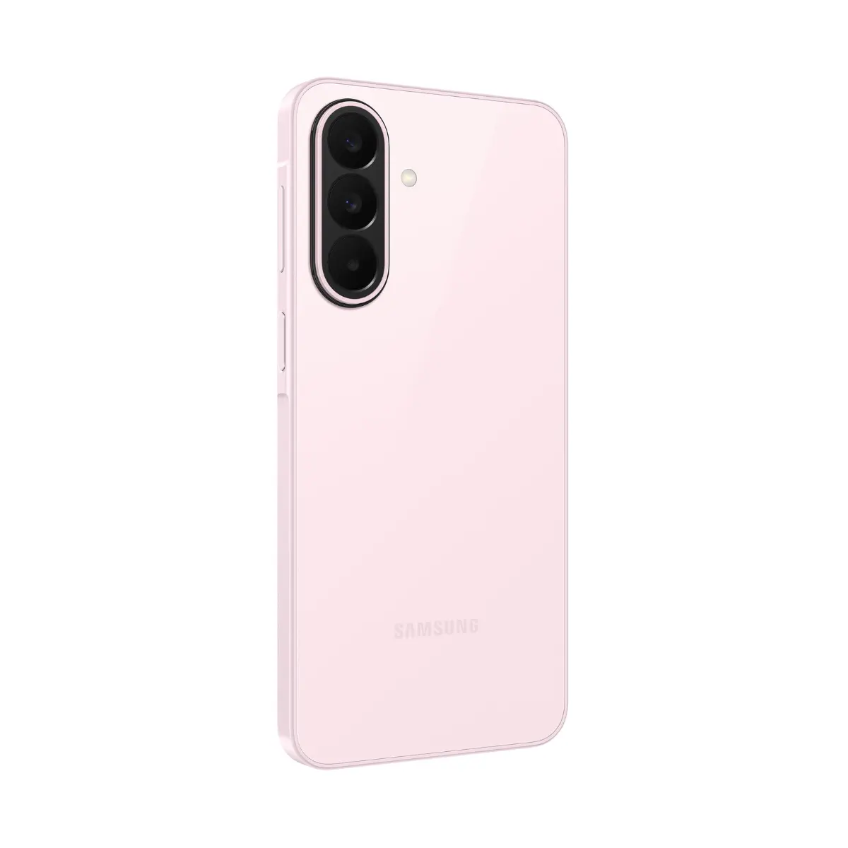 Ein hellrosa Samsung-Handy mit Dreifachkamera-Setup vor weißem Hintergrund.