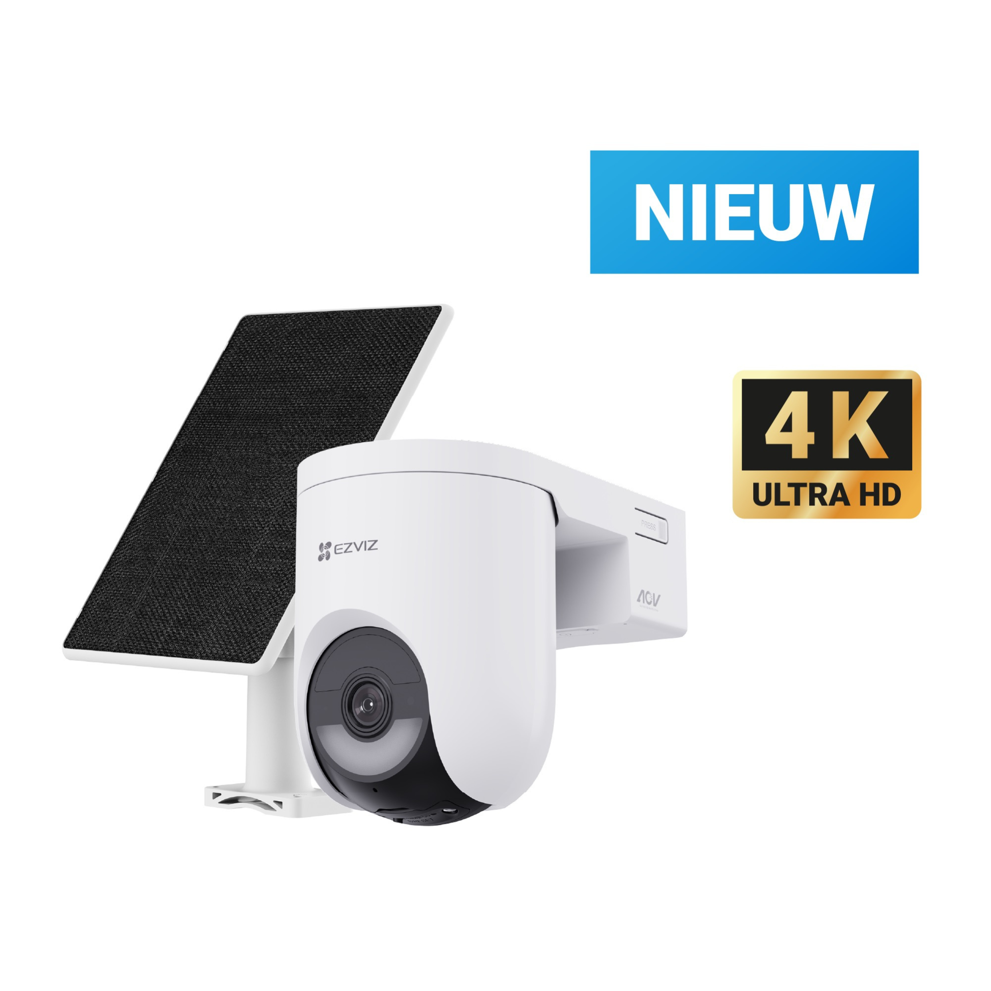 Caméra de sécurité blanche avec panneau solaire et logo 4K Ultra HD.