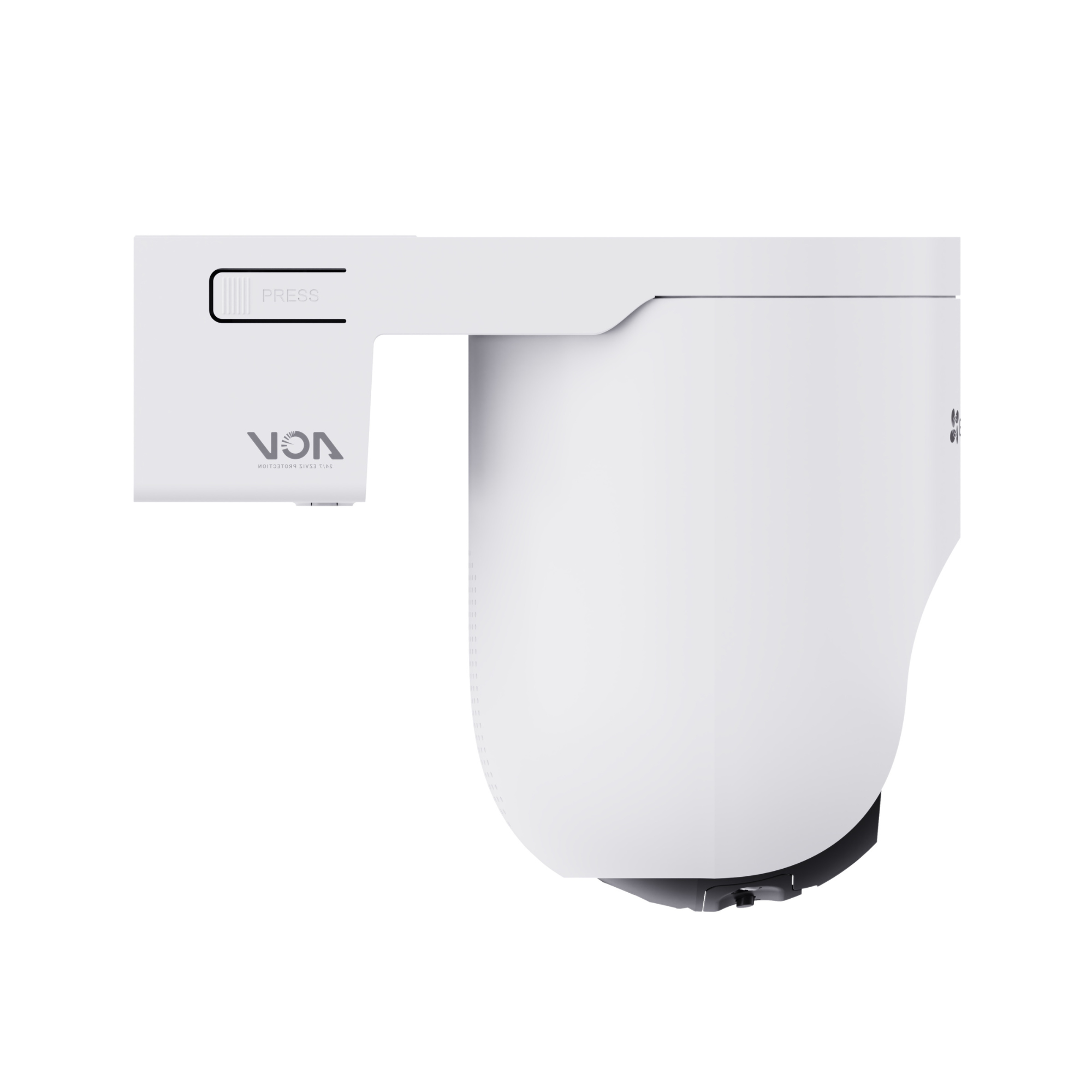 Une caméra de surveillance blanche avec logo VCN et étiquette PRESS.
