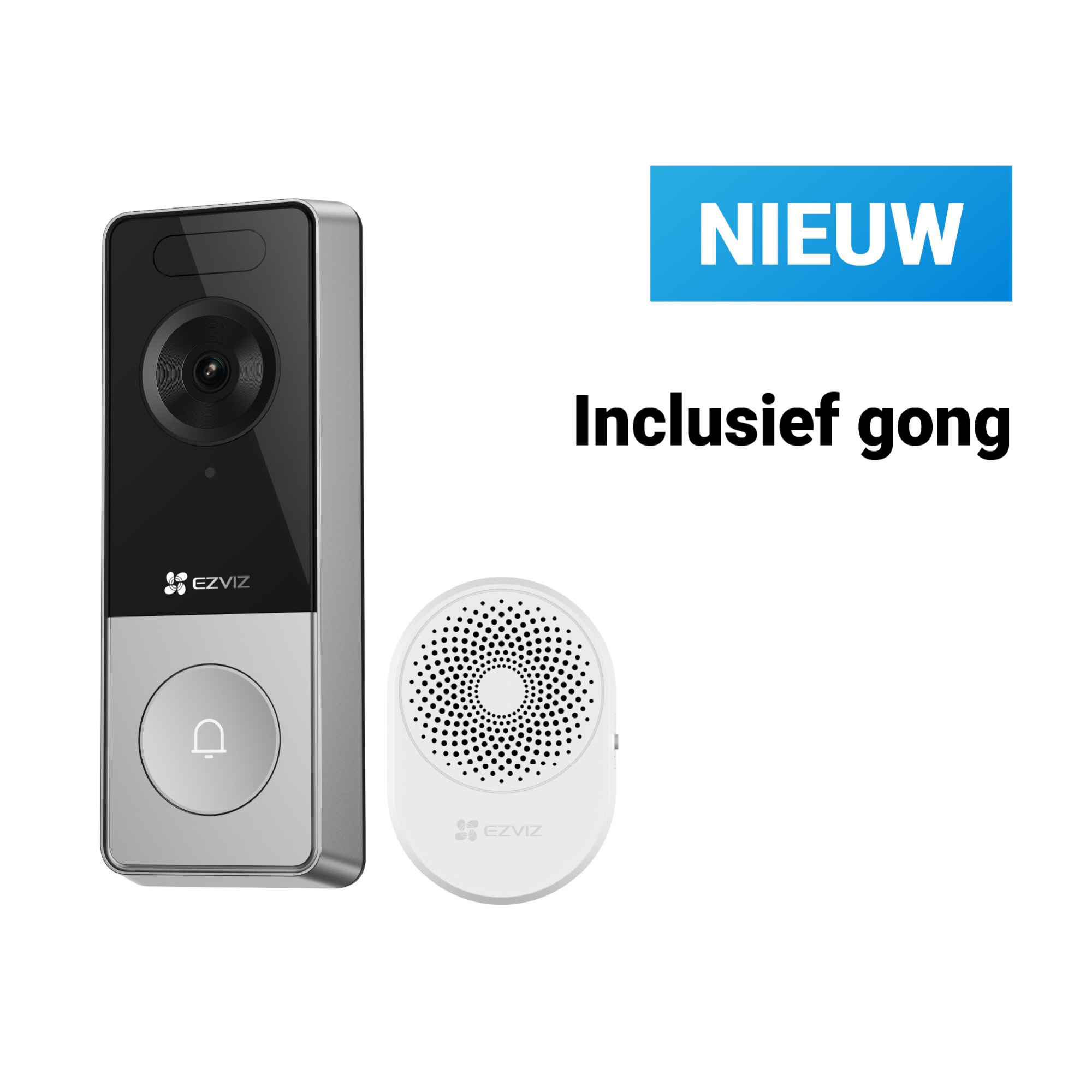 A video doorbell set with camera, doorbell button, and chime. Text says "Nieuw" and "Inclusief gong".