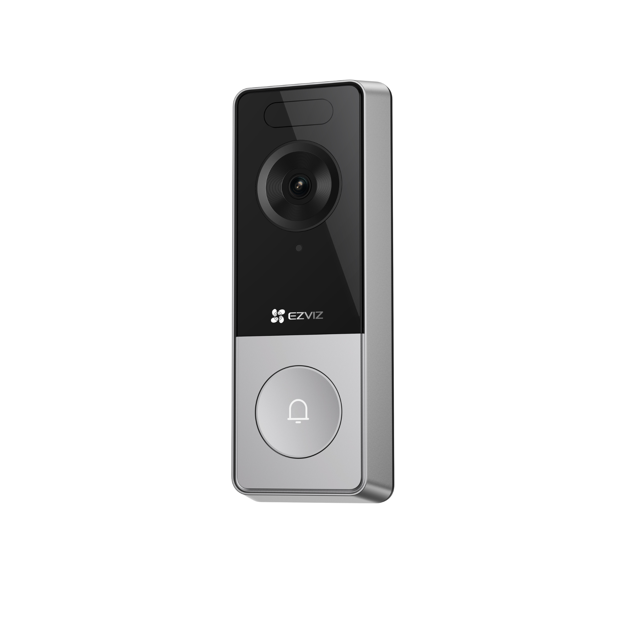 A silver and black EZVIZ doorbell camera viewer with a bell button.