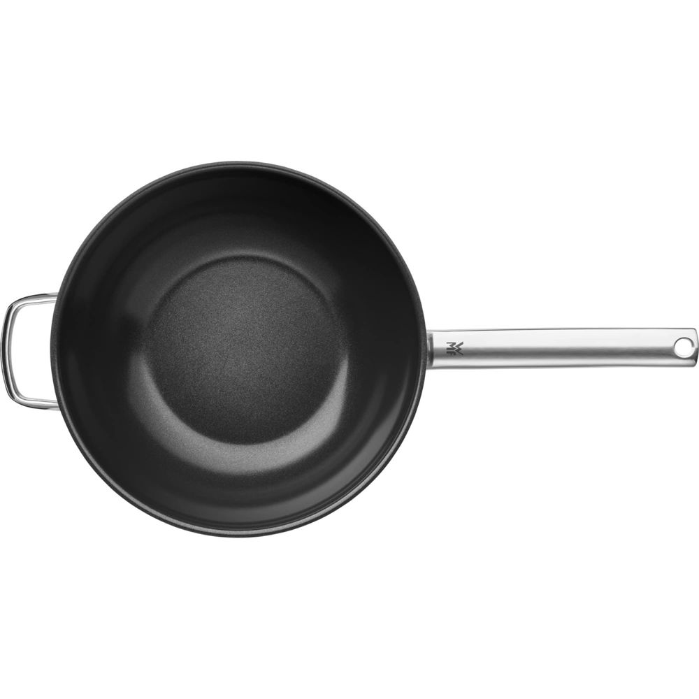 Schwarze Wok-Pfanne mit silbernem Griff und einem Hilfsgriff.