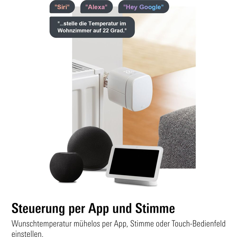 Inteligentne głośniki i termostat grzejnikowy. "Alexa", "Siri", "Hey Google".
