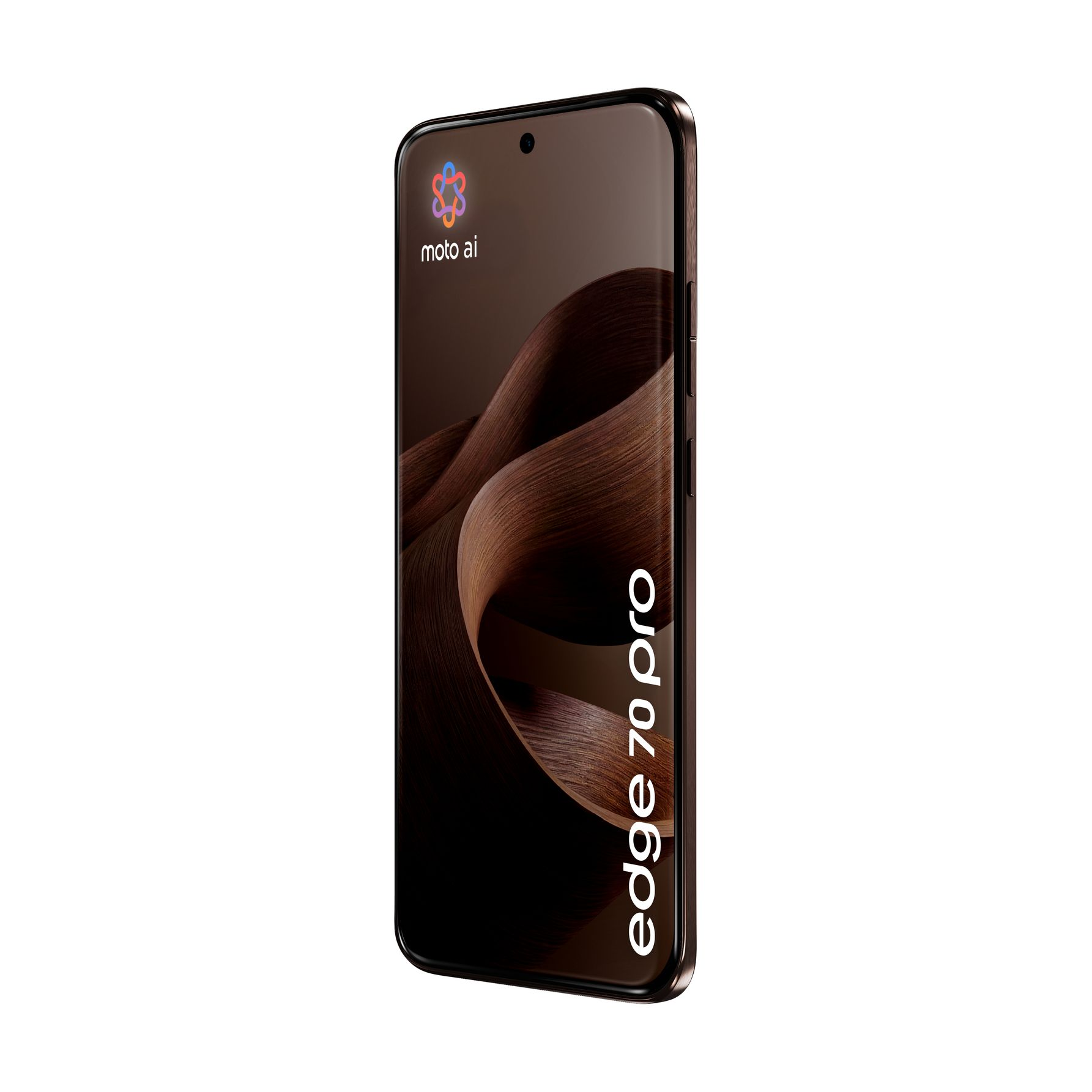 Uno smartphone marrone con la scritta "edge 70 pro" sullo schermo.