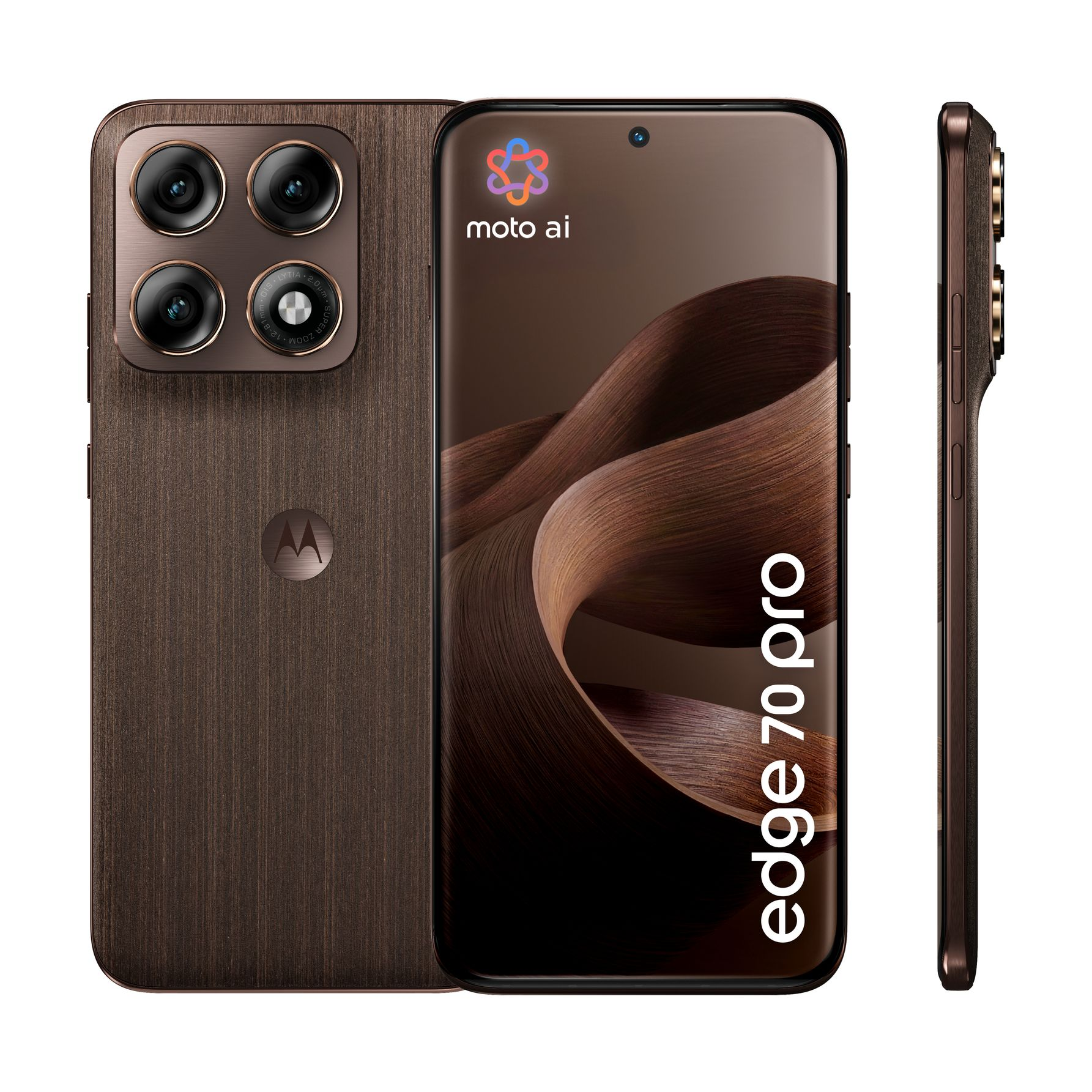 Uno smartphone Motorola Edge 70 Pro marrone con configurazione a quattro fotocamere.