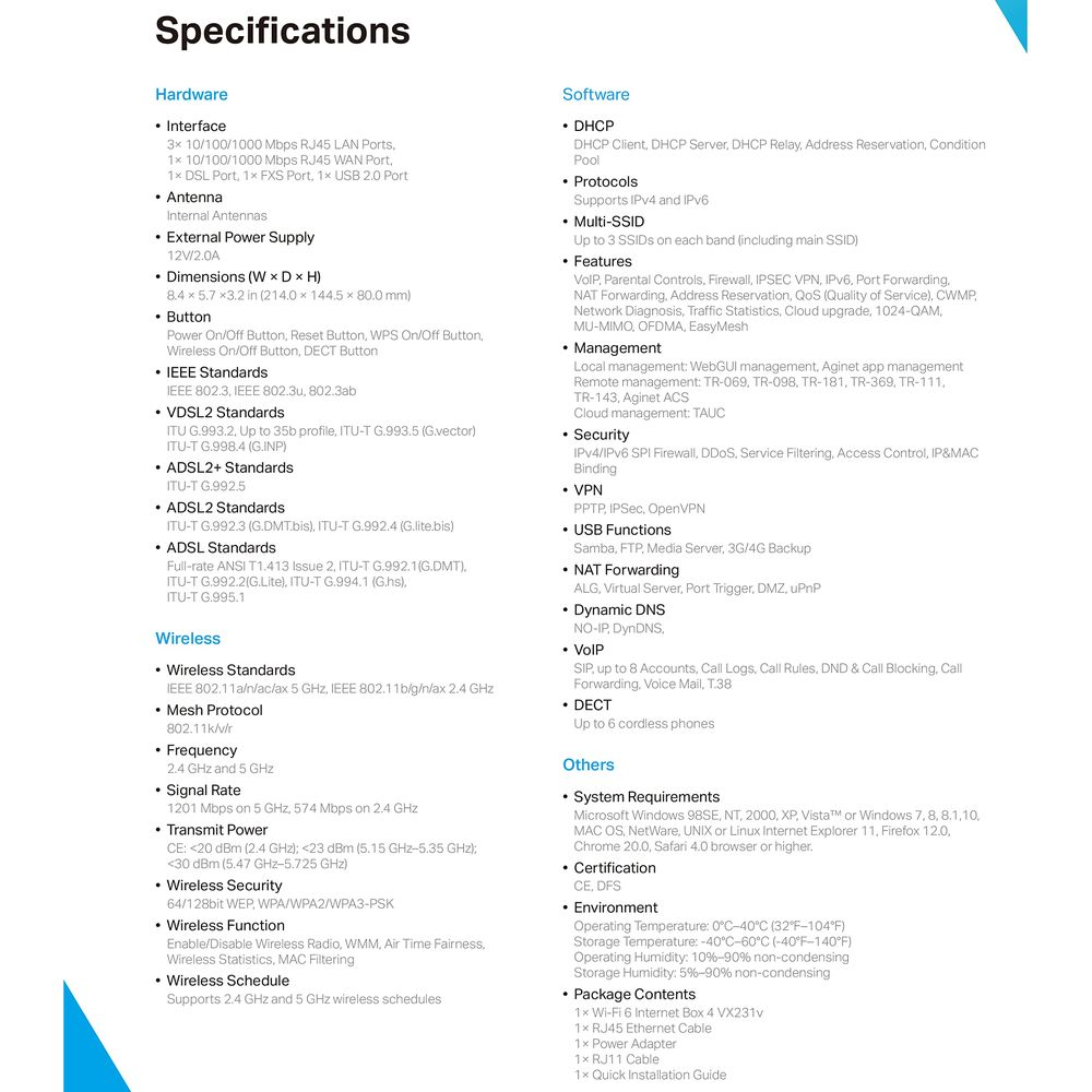 Spezifikationen: Hardware mit Ports, Antennen, Stromversorgung, Abmessungen, Tasten, Standards. Drahtlos: Standards, Mesh, Frequenz, Rate, Sendeleistung, Sicherheit, Funktionen, Zeitplan.