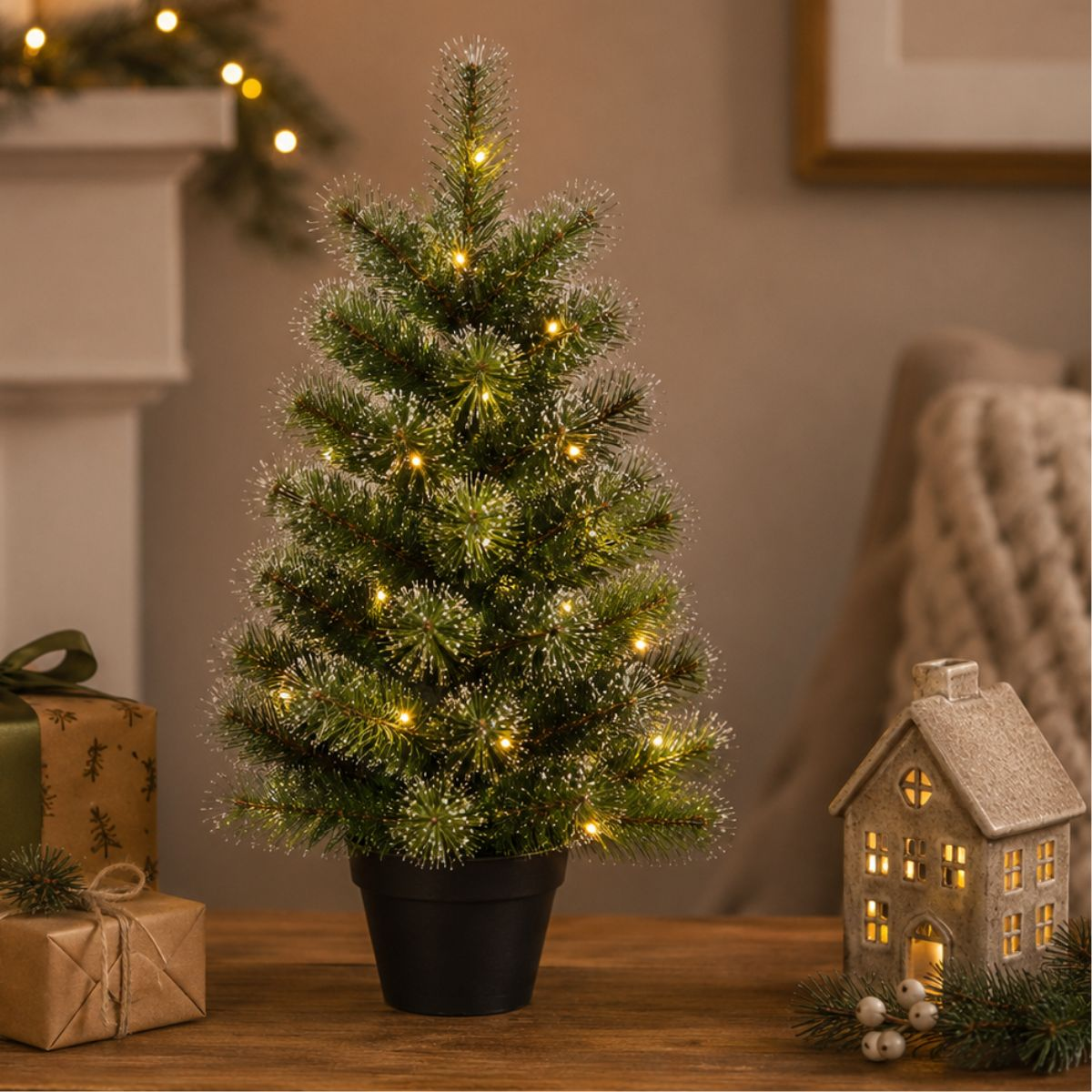 A small, lit Christmas tree on a wooden table, next to gifts and a house.