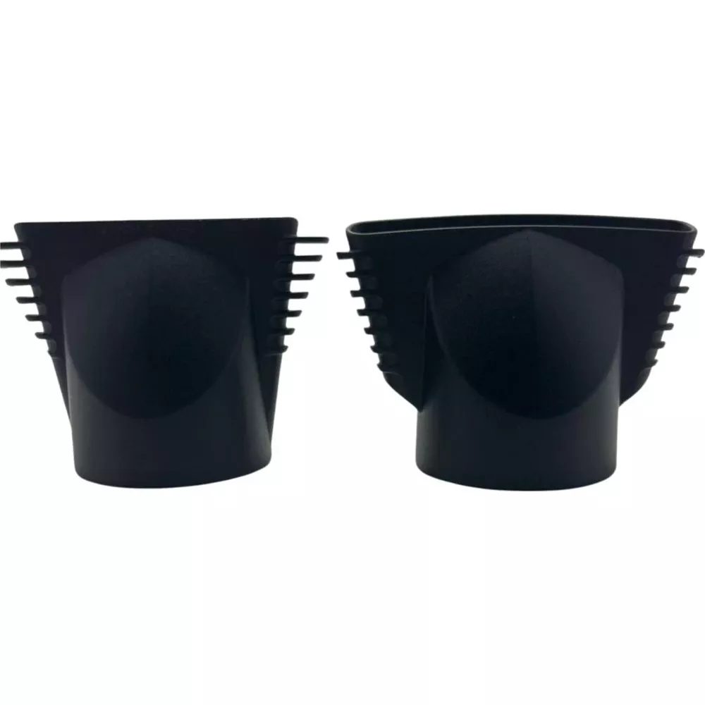 Two black hairdryer nozzles with ribbed edges sit side-by-side on a white background.