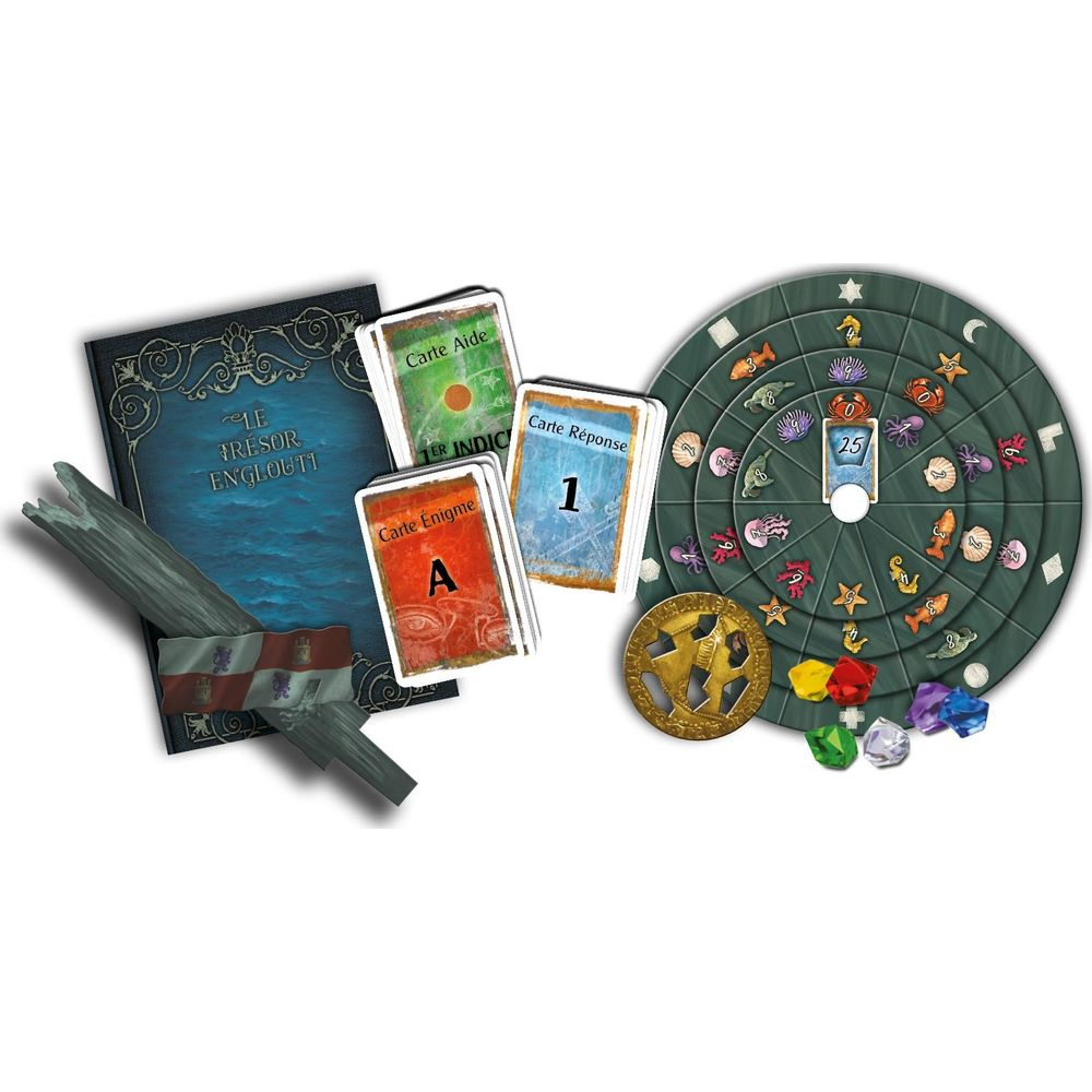 Brettspielkomponenten: Buch, Karten, Spielbrett mit Meeresmotiven und Edelsteine.
