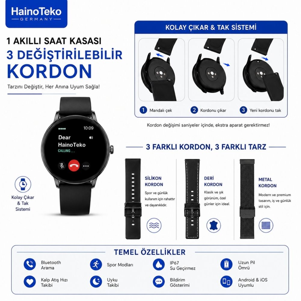 HainoTeko akıllı saat, 3 değiştirilebilir kordon: silikon, deri, metal. Kolay değişim.