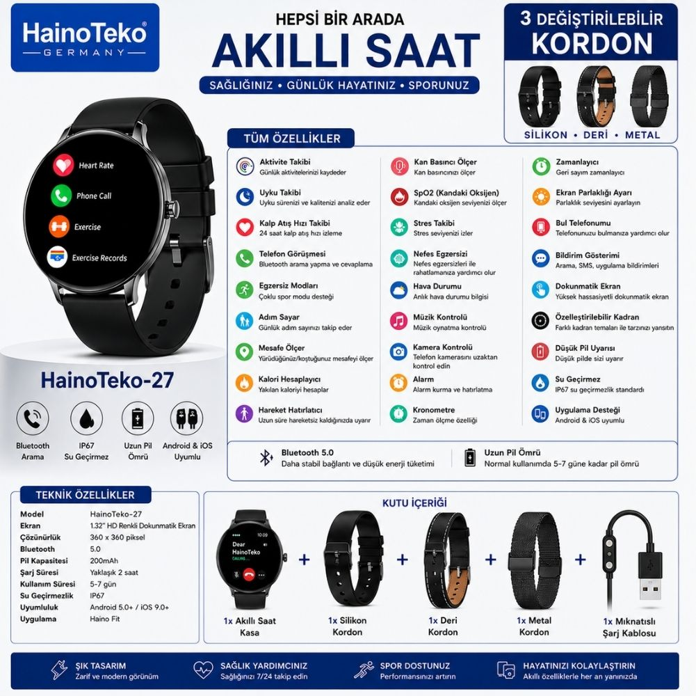 Kalp atış hızı, telefon, egzersiz ve değiştirilebilir kordonlu siyah HainoTeko-27 akıllı saat.
