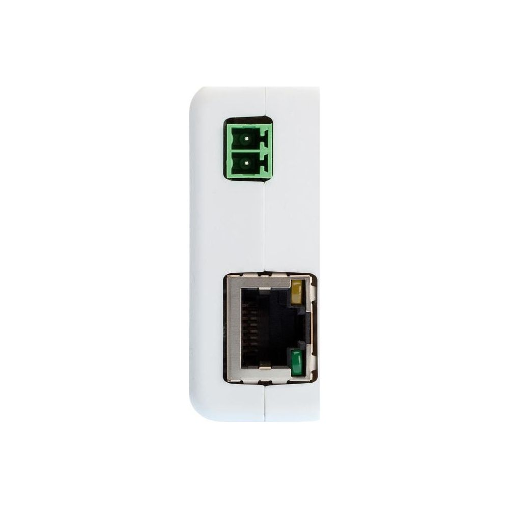 Ein weißes Gerät mit zwei Anschlüssen: einem grünen Klemmenblock und einem RJ45-Anschluss.