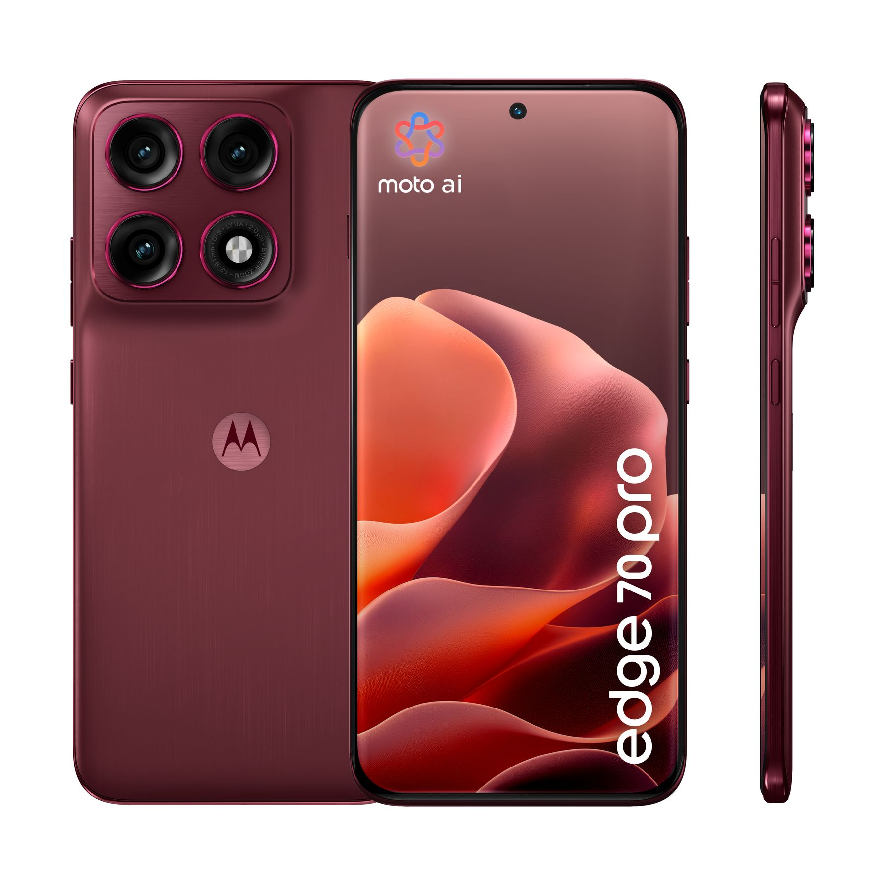 Trois vues d'un smartphone Motorola Edge 70 Pro rouge avec un quadruple appareil photo.