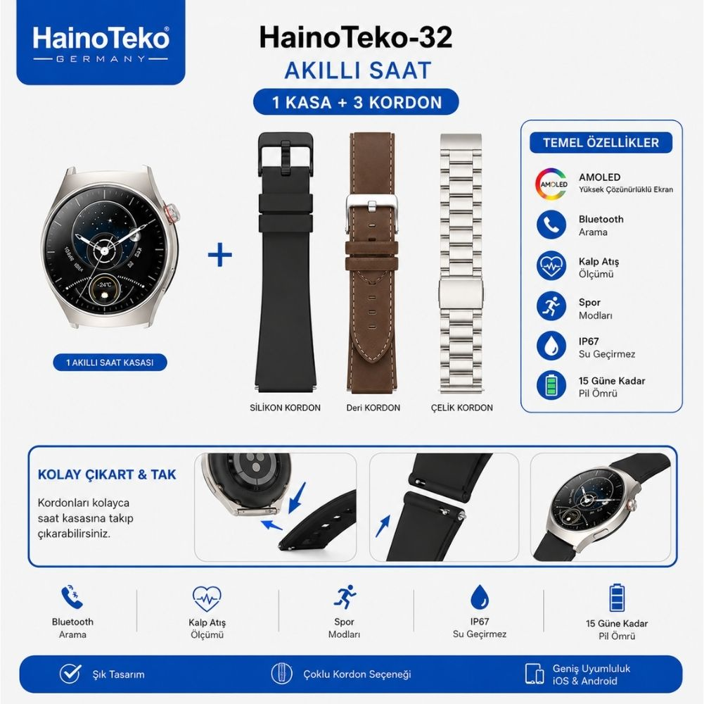 AMOLED ekranlı Haino Teko akıllı saat, 3 kordon: silikon, deri, metal.