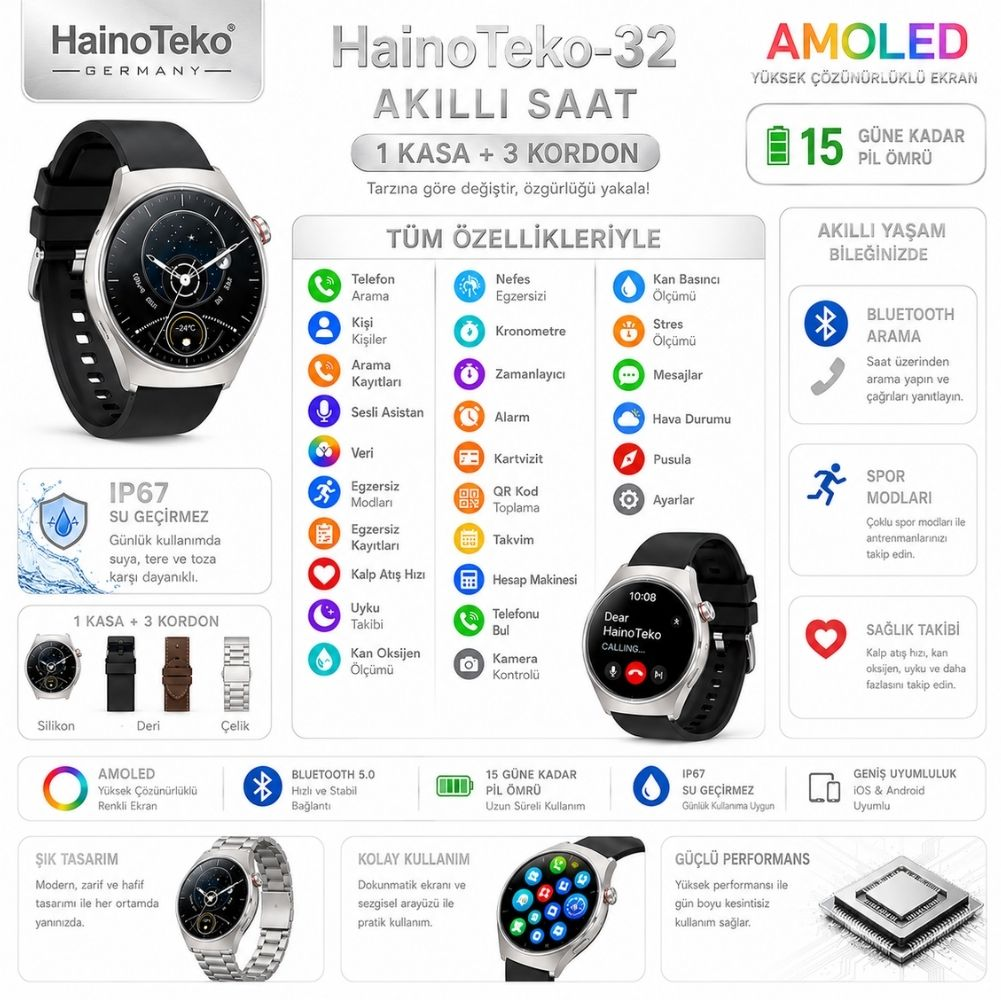 Haino Teko-32 akıllı saat AMOLED ekran, IP67, 15 gün pil ömrü.