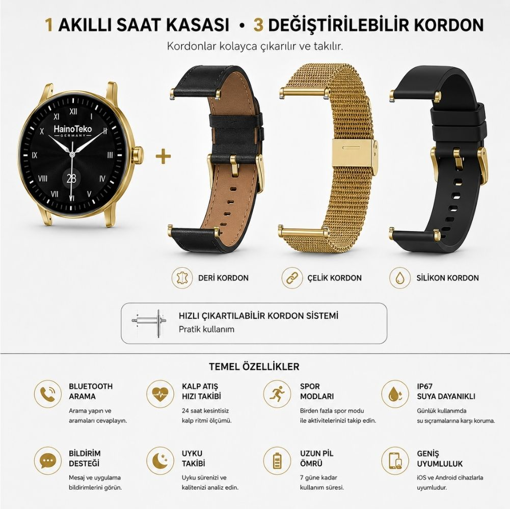 Altın rengi akıllı saat, deri, hasır ve silikon olmak üzere 3 değiştirilebilir kordona sahip.