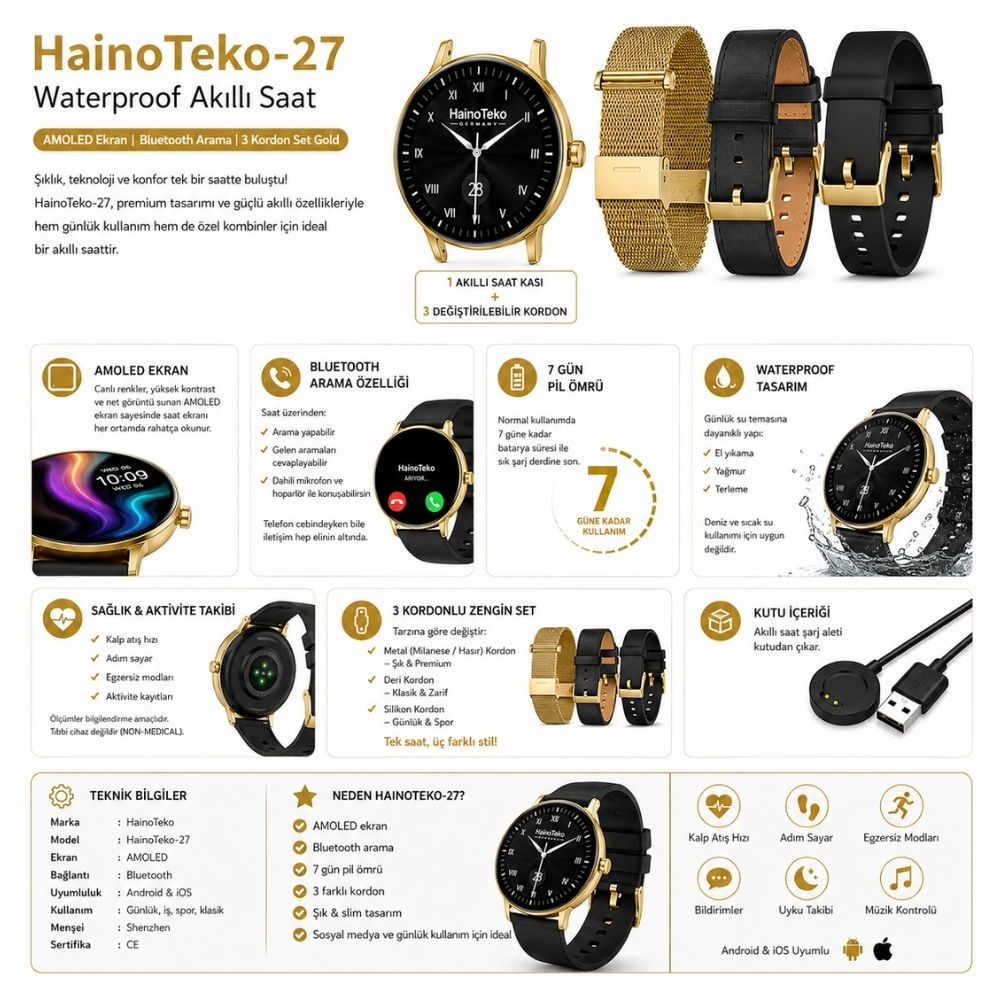 HainoTeko-27 akıllı saat, AMOLED ekran, Bluetooth, 7 gün pil, su geçirmez.