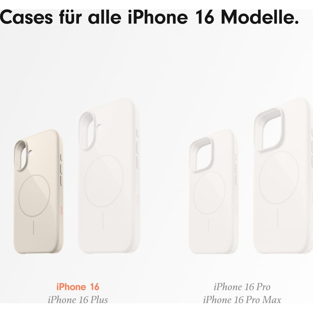 Quattro custodie bianche per modelli di iPhone 16, con design magnetico circolare.