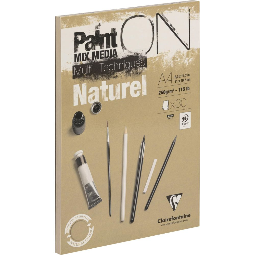 Packung mit Clairefontaine Naturel A4-Papier, mit Malutensilien.