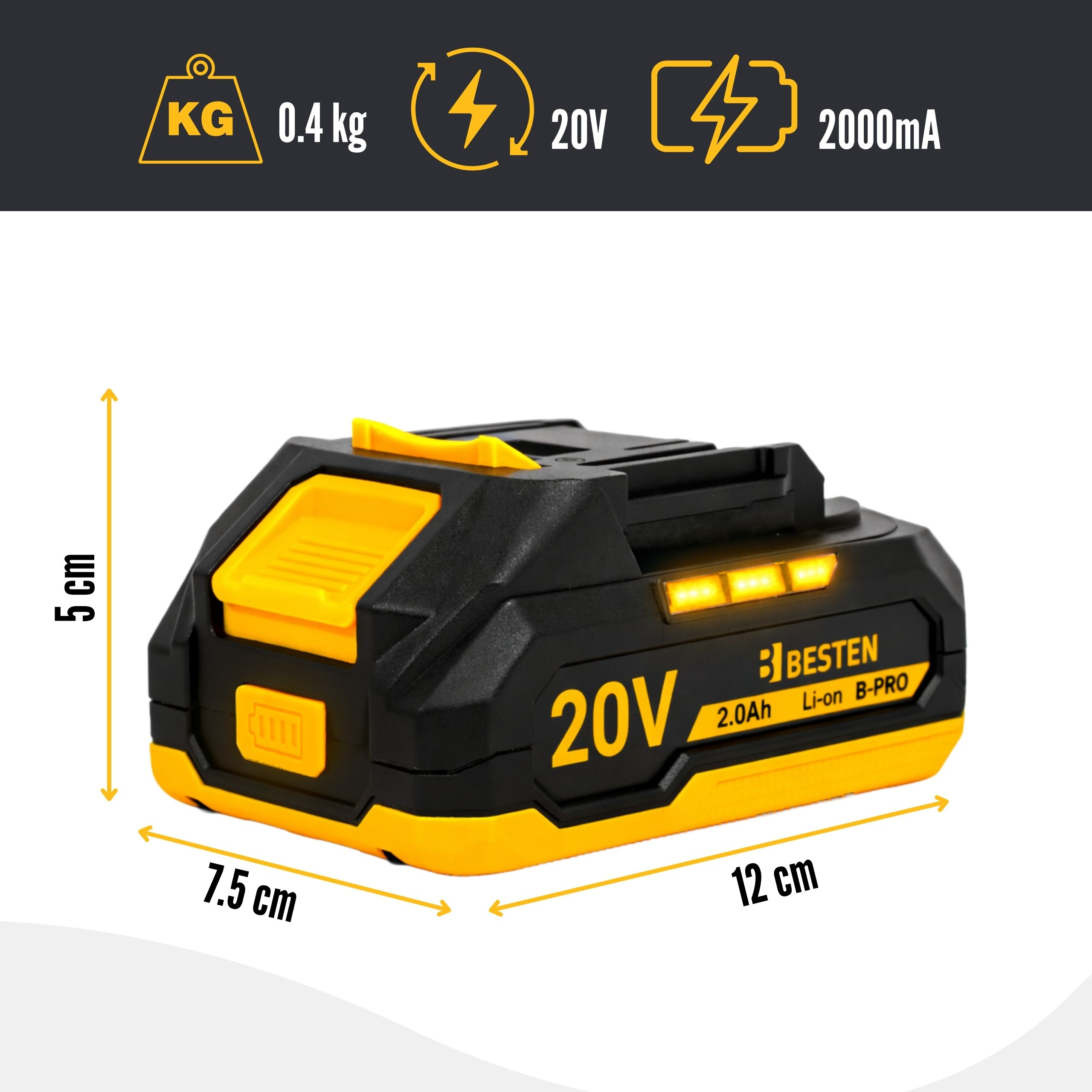 Czarno-żółta bateria 20V, 7,5x12x5cm, 0,4kg, 2Ah.