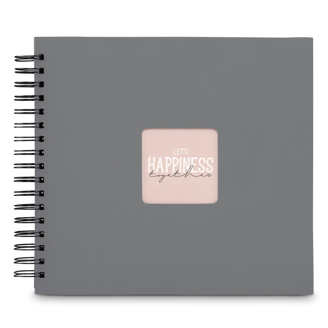 Szara książka na spirali z różowym okienkiem z napisem 'Let's Happiness Together'.