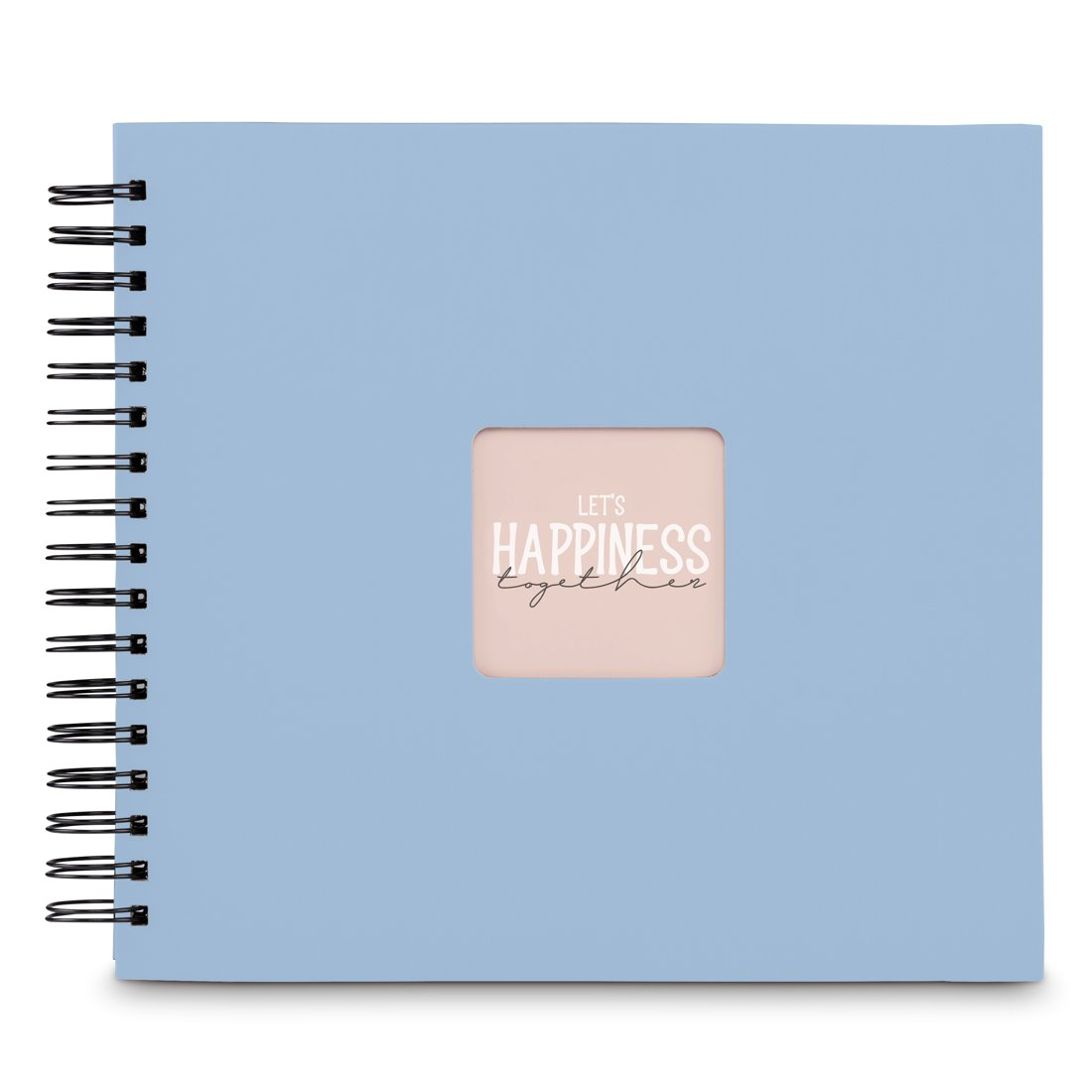 Ein hellblaues Ringbuch-Album mit einem rosa quadratischen Rahmen, auf dem 'Let's Happiness Together' steht.