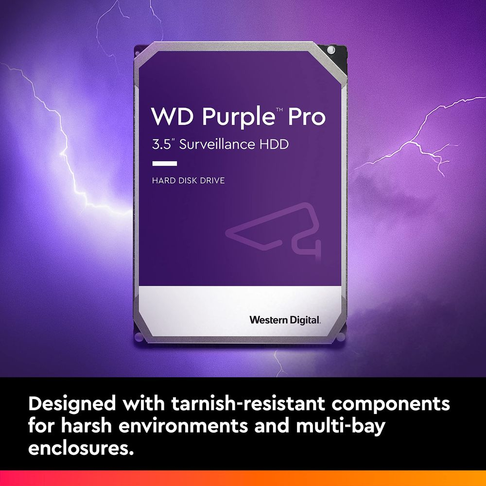 WD Purple Pro 3.5-inch Surveillance HDD by Western Digital on a purple background with lightning.