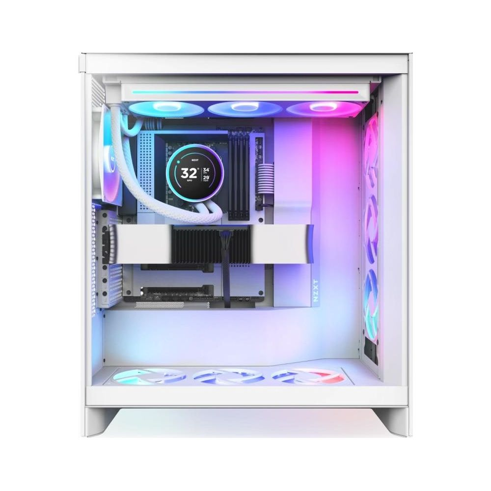 White computer case with RGB lighting, showing internal components like fans and CPU cooler.