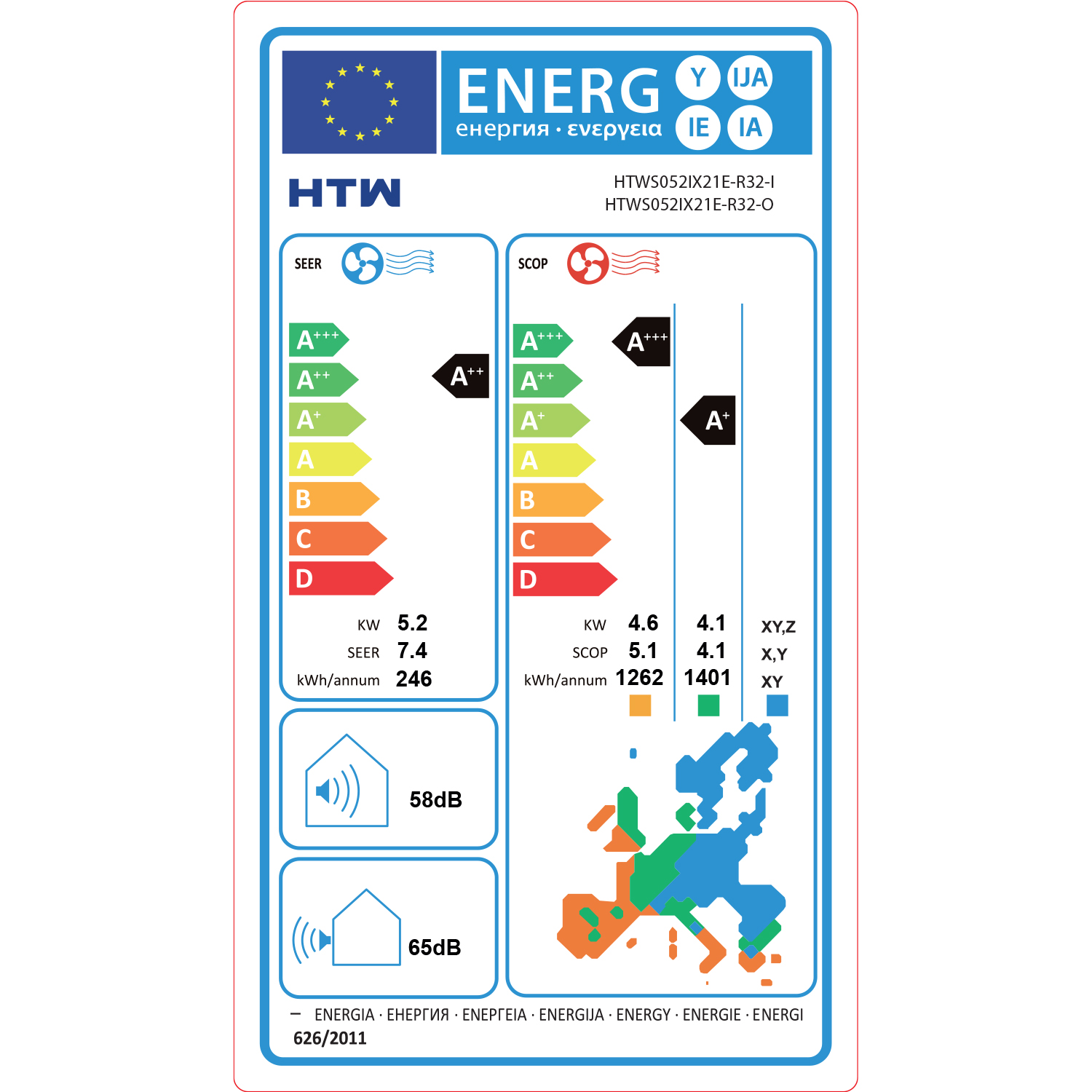 Etiqueta energética para aire acondicionado HTW con clasificaciones SEER/SCOP y niveles de ruido.
