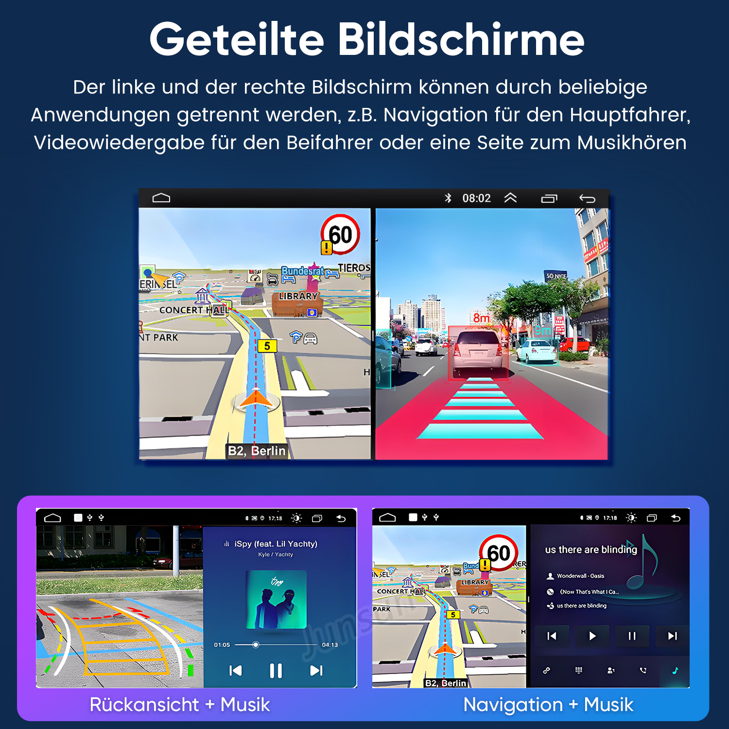 Geteilte Bildschirme: Navigation, Verkehr und Musik werden auf einem Display angezeigt.