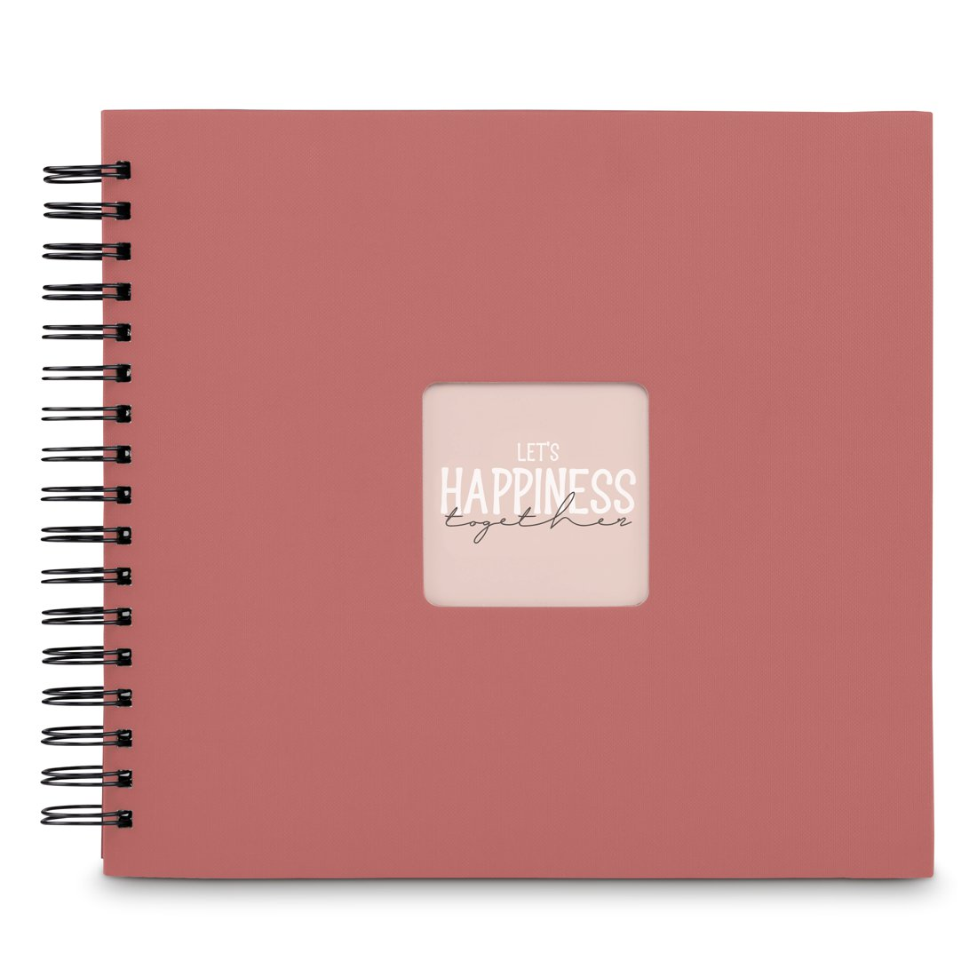 Różowy album na zdjęcia w spirali z napisem „Let's Happiness Together” na okładce.