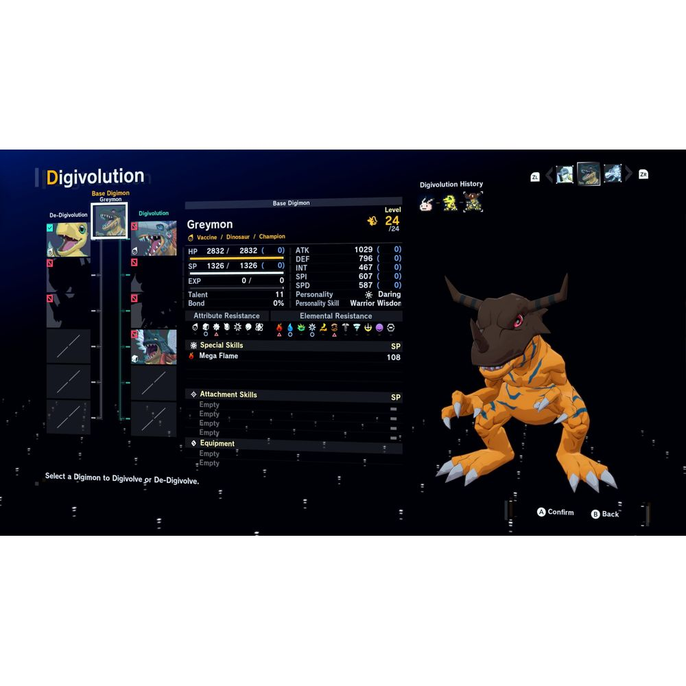 Statistiche del personaggio Greymon e opzioni di Digivoluzione su schermo.