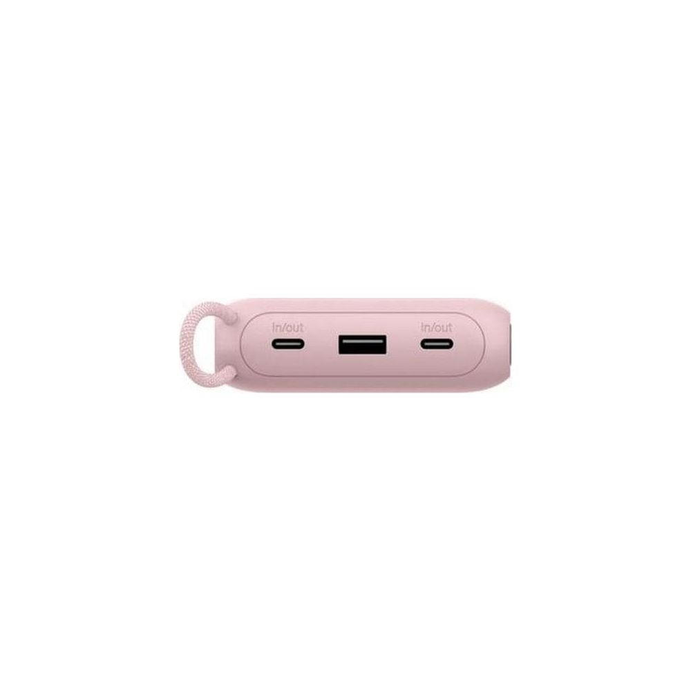 Un power bank rosa con porte USB-C e USB-A.