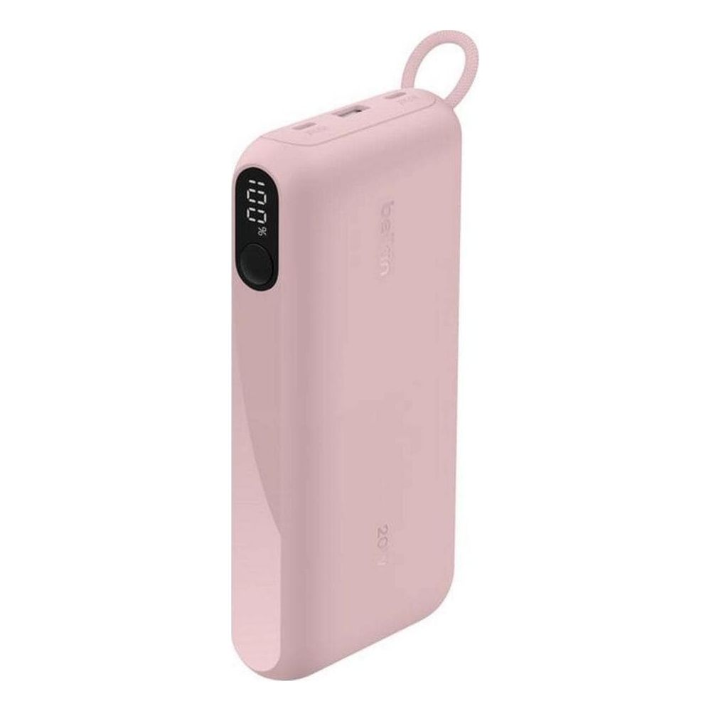 Un power bank rosa al 100% di carica, con due porte USB.
