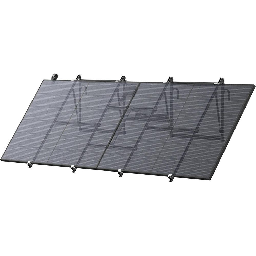 Eine dunkelgraue Solarmodulanlage mit Metallmontagehalterungen auf weißem Hintergrund.