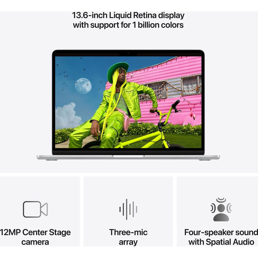Laptop mostra persona in outfit verde brillante, bici, roulotte rosa.
