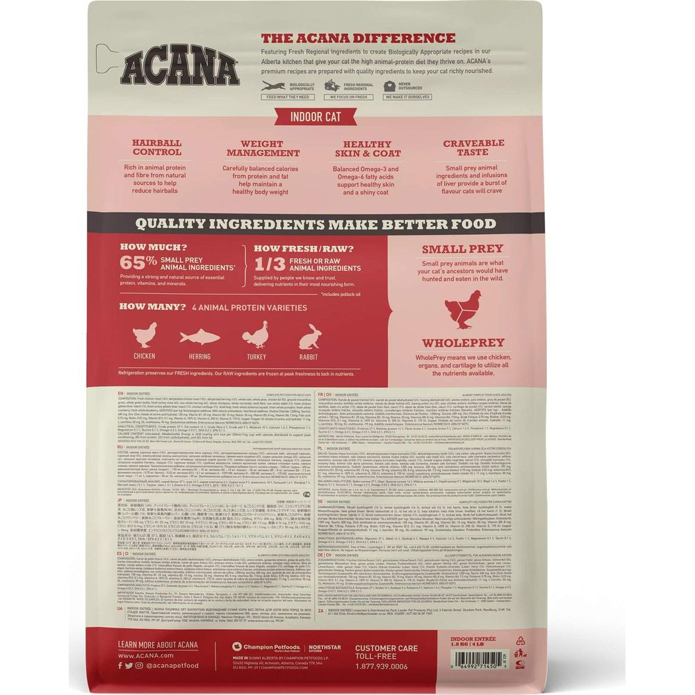 ACANA Indoor Cat Futterpackung mit Beschriftung für Nährwerte und Inhaltsstoffe.