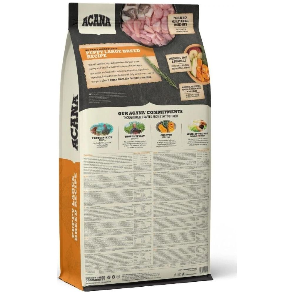 Bolsa de comida para perros Acana, vista posterior con información y compromisos.