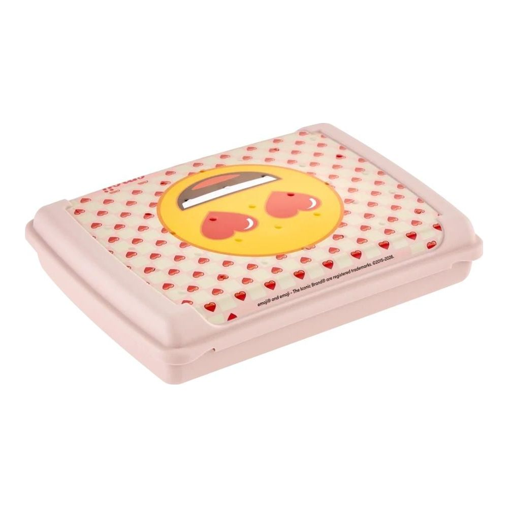 Eine rosa Brotdose mit einem lachenden Emoji-Gesicht und Herzen.