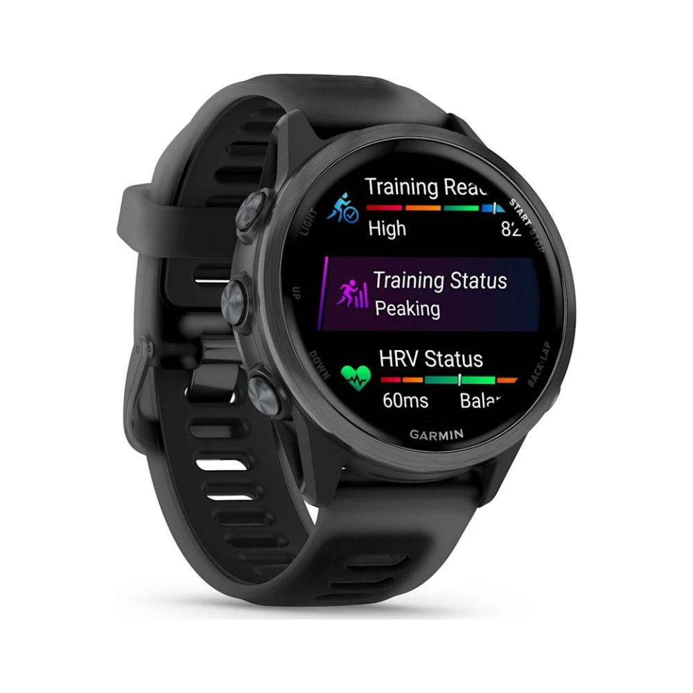 Reloj inteligente Garmin negro que muestra Estado de entrenamiento: PICO y Estado HRV.
