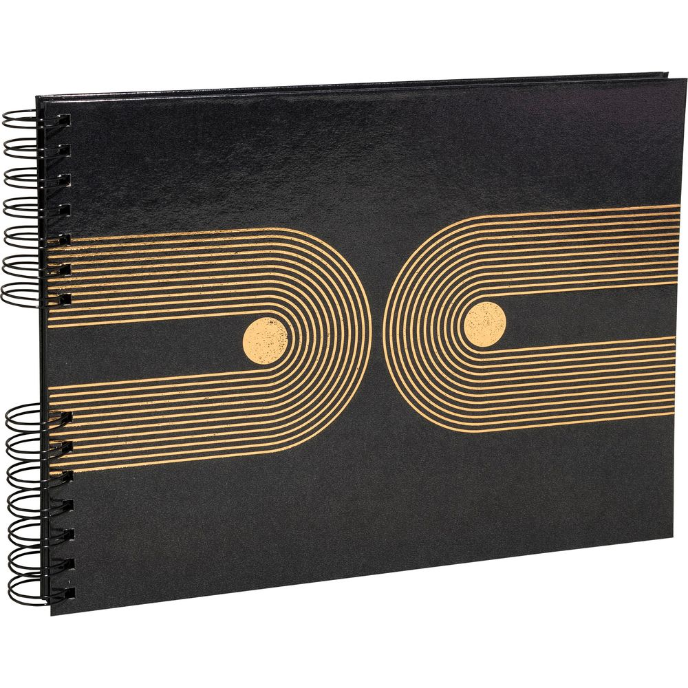 Cuaderno negro con líneas doradas onduladas y dos formas circulares.