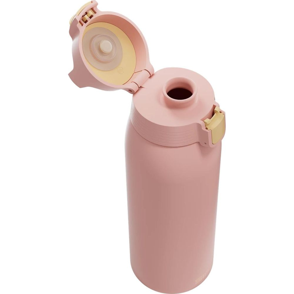 Eine rosafarbene Wasserflasche mit offenem Deckel und gelben Akzenten.