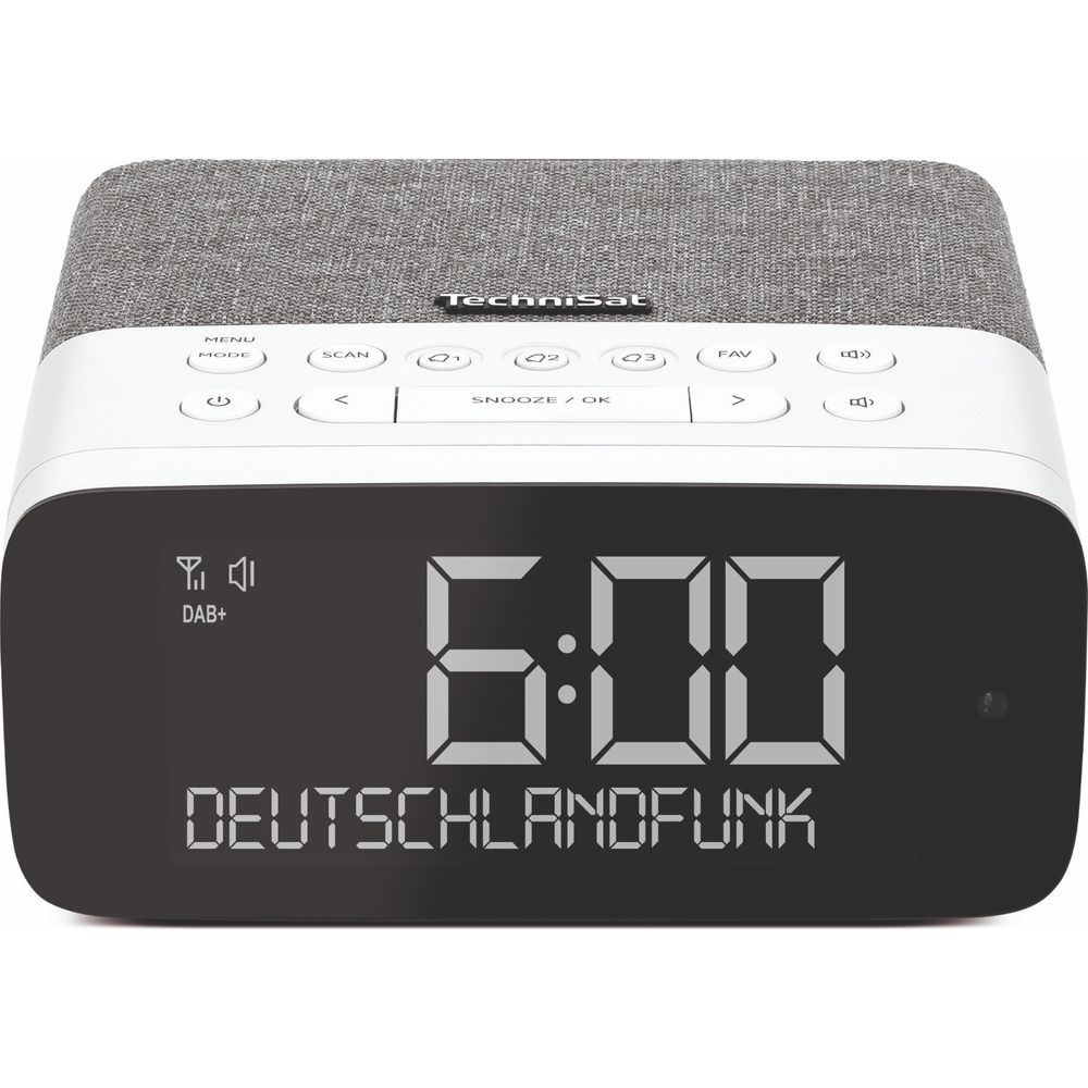 Ein digitaler Radiowecker von TechniSat zeigt 6:00 und DEUTSCHLANDFUNK an.