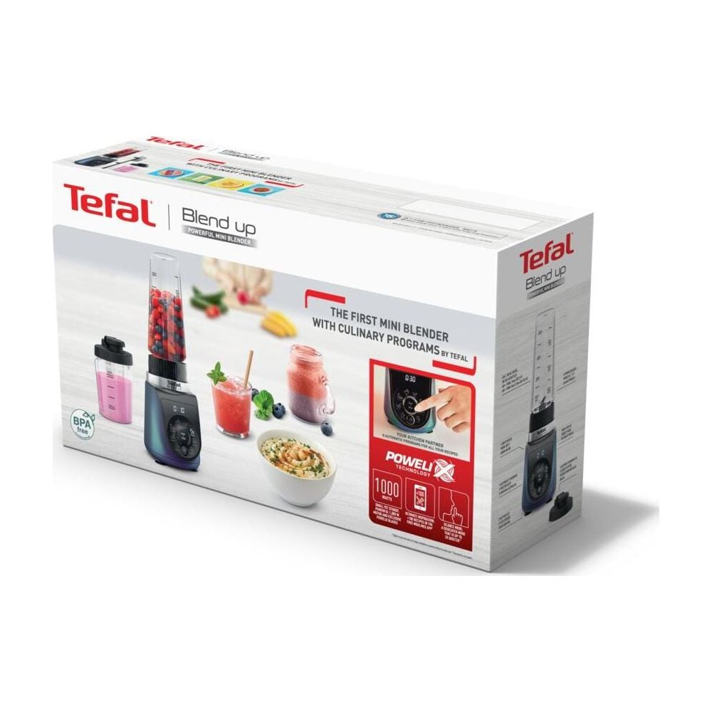 Scatola mini frullatore Tefal con frutta, frullati e una ciotola di porridge.