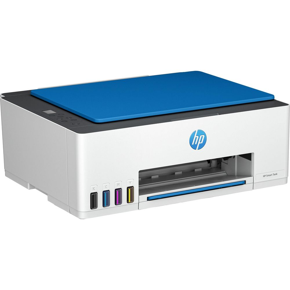 Impresora HP Smart Tank blanca con tapa azul, logo HP y cuatro tanques de tinta.