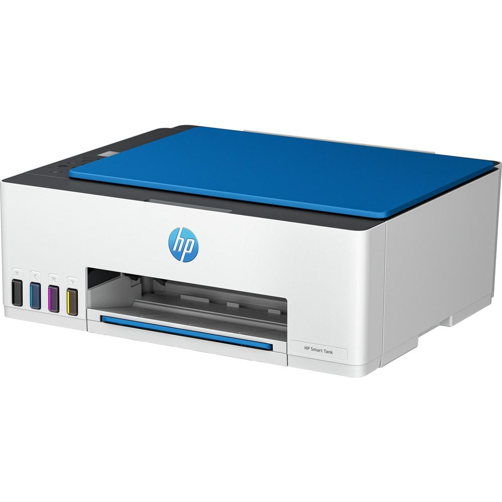 Una impresora HP Smart Tank blanca con tapa azul y cuatro tanques de tinta.