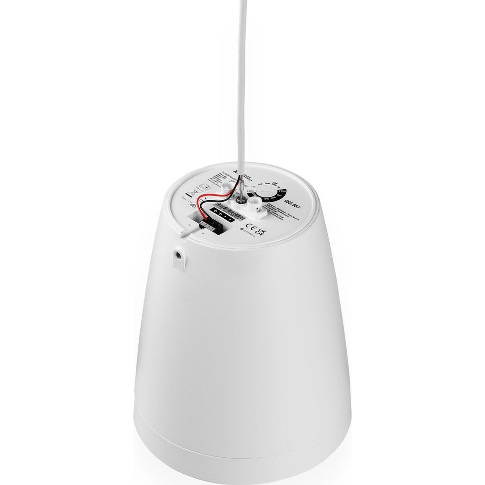 Altavoz blanco desde abajo con cable y terminales.